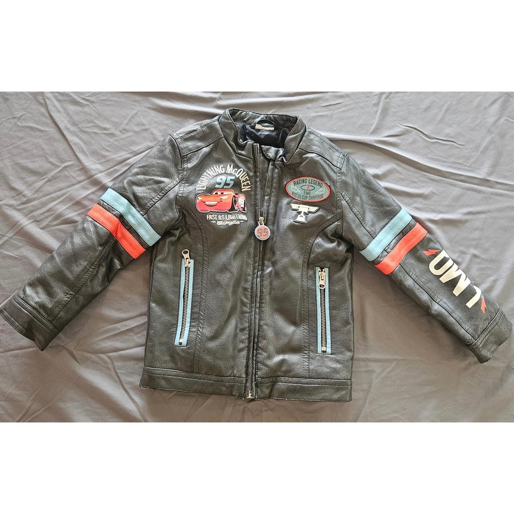 Disney Cars Lightning McQueen Kids Moto Jacket 5 Black Faux Leather Patches